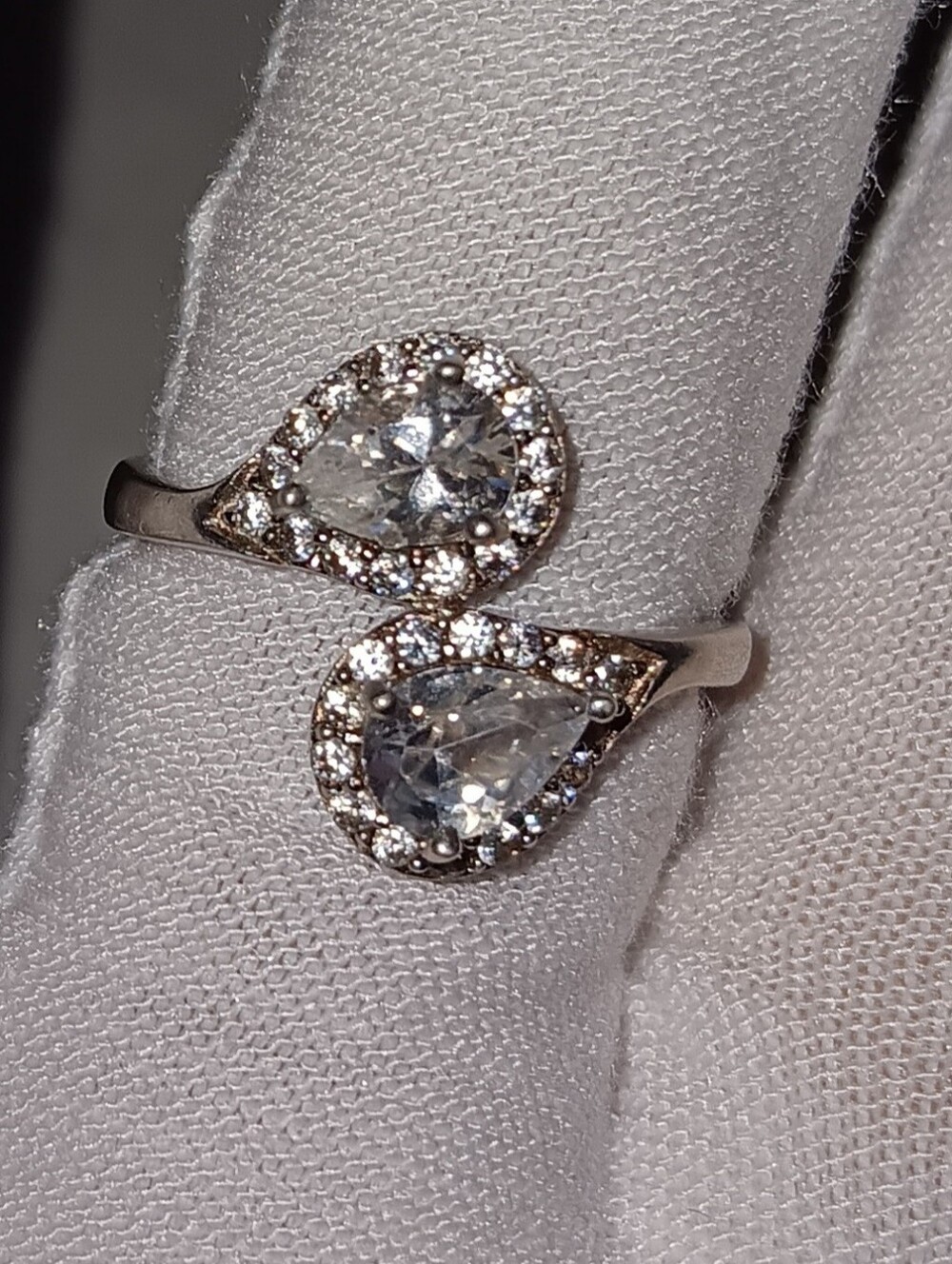 Vintage 925 Ravoy Bipass Ring~Marked Ravoy~Pear Shaped & Round CZs~
